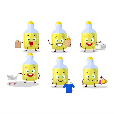 Zengin sarı sihirli iksir maskot tasarımı alışverişe gidiyor. Vektör illüstrasyonu