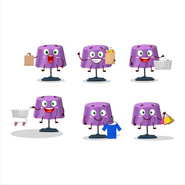 Zengin sihirli masa lambası maskotu tasarımı alışverişe gidiyor. Vektör illüstrasyonu