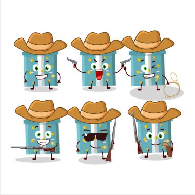 Şirin şapkalı havalı kovboy sihirli hediye kutusu çizgi film karakteri. Vektör illüstrasyonu