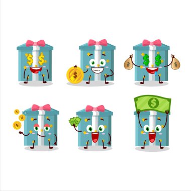 Şirin ifadeli sihirli hediye kutusu çizgi film karakteri para getiriyor. Vektör illüstrasyonu