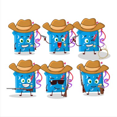 Havalı kovboy şirin şapkalı sihirli hediye kutusu çizgi film karakteri açtı. Vektör illüstrasyonu