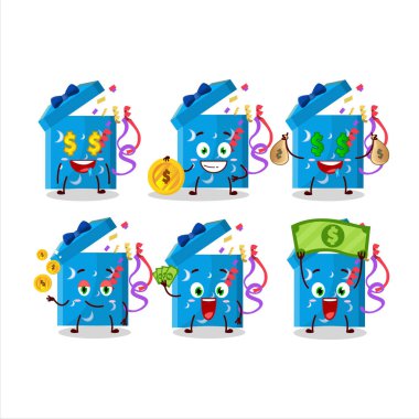 Sihirli hediye kutusu çizgi film karakterini aç ve yanında para getir. Vektör illüstrasyonu