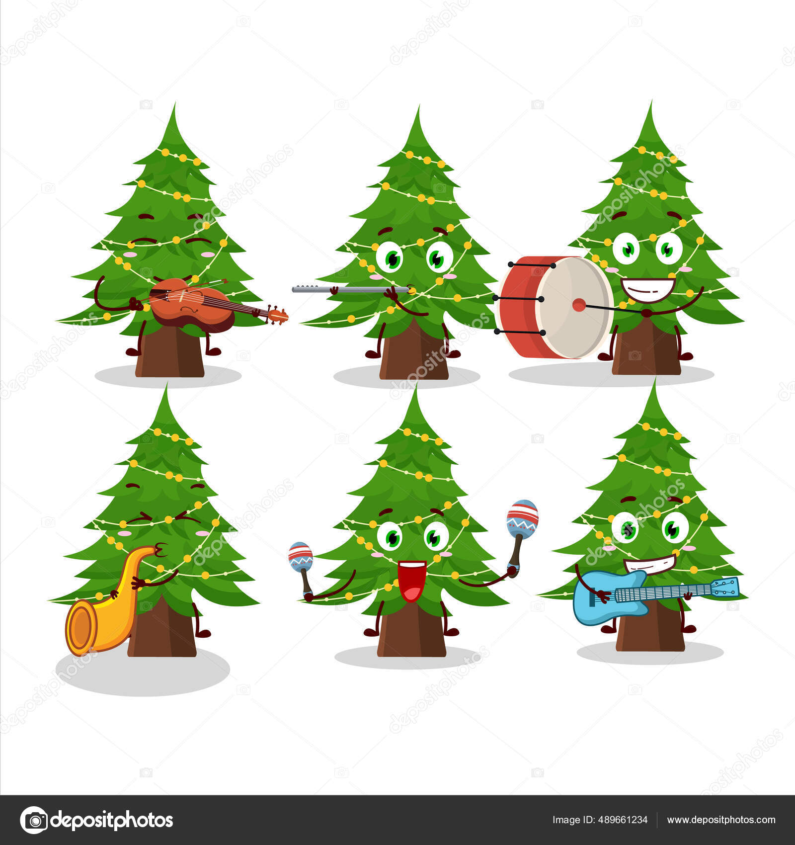 Cartoon Character Christmas Tree Playing Some Musical Instruments