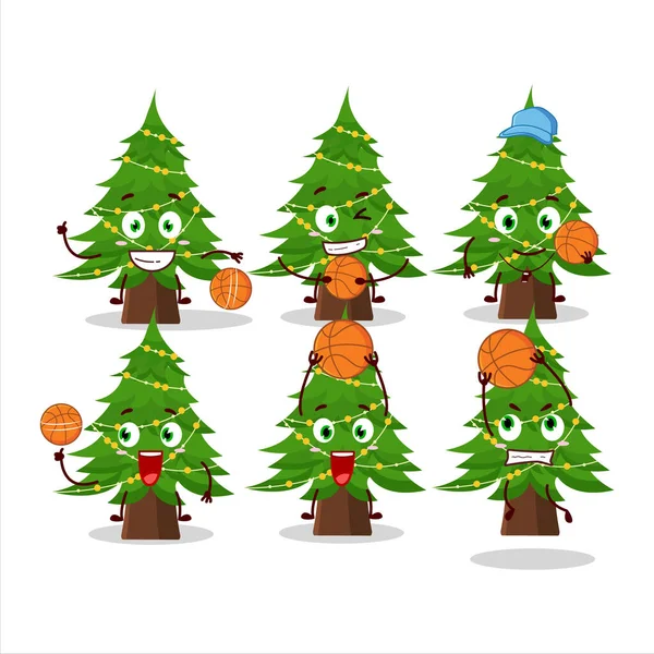 Talentierte Weihnachtsbaum Cartoon Figur Als Basketballerin Vektorillustration — Stockvektor