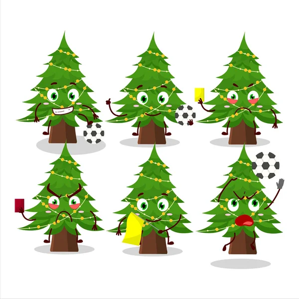 Vánoční Strom Kreslený Postava Pracující Jako Fotbalový Rozhodčí Vektorová Ilustrace — Stockový vektor
