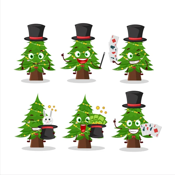 Sebuah Karakter Kartun Pohon Natal Magician Tampil Atas Panggung Ilustrasi - Stok Vektor