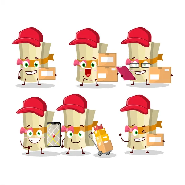 Kurye olarak çalışan hazine kağıtlarının çizgi film karakteri tasarımı. Vektör illüstrasyonu