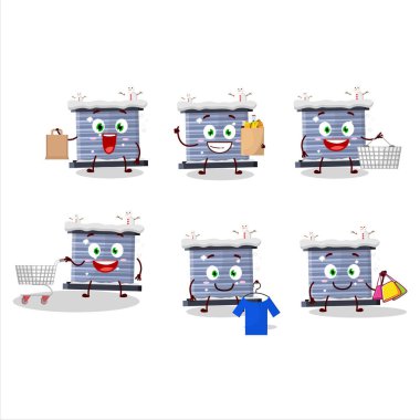 Zengin bir baca kar maskotu tasarımı alışverişe gidiyor. Vektör illüstrasyonu