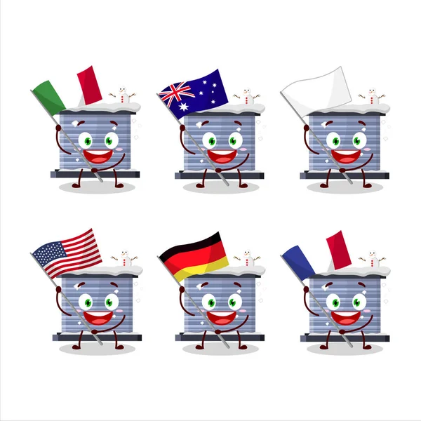 Schornstein Schnee Cartoon Figur Bringen Die Flaggen Der Verschiedenen Länder — Stockvektor