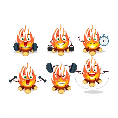 Sağlıklı bir şenlik ateşi çizgi film stili Fitness Merkezi 'nde bazı aletler deniyor. Vektör illüstrasyonu