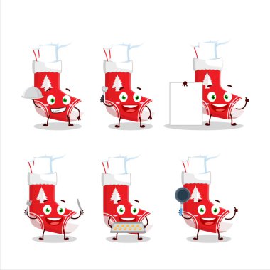 Çeşitli şef simgeleriyle noel çoraplarının çizgi film karakteri. Vektör illüstrasyonu