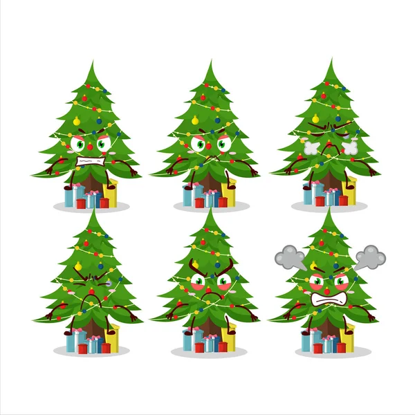 Pohon Natal Dengan Karakter Kartun Giftbox Dengan Berbagai Ekspresi Marah - Stok Vektor