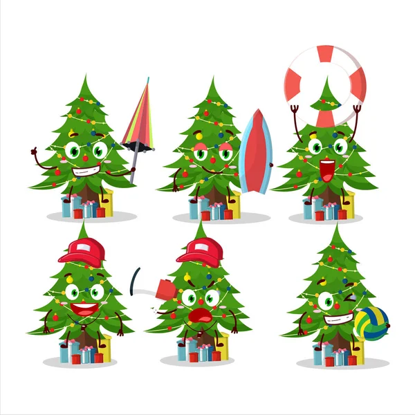 Happy Face Árbol Navidad Con Personaje Dibujos Animados Giftbox Jugando — Vector de stock