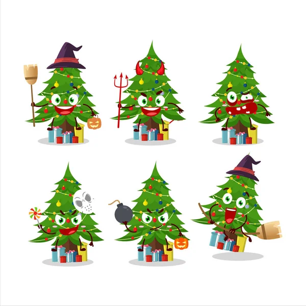 Emoticon Ekspresi Halloween Dengan Karakter Kartun Pohon Natal Dengan Kotak - Stok Vektor