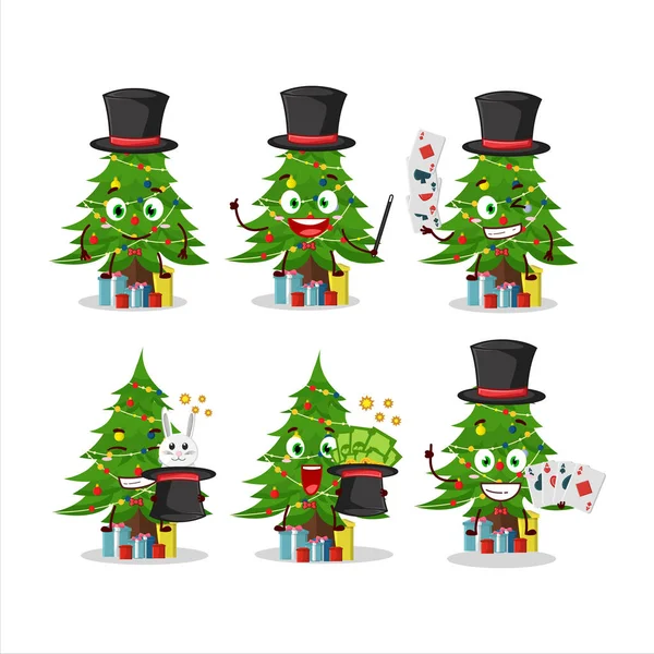 Sebuah Pohon Natal Dengan Giftbox Karakter Kartun Penyihir Tampil Atas - Stok Vektor