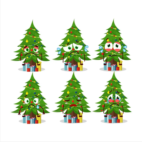 Pohon Natal Dengan Karakter Kartun Giftbox Dengan Ekspresi Sedih Ilustrasi - Stok Vektor