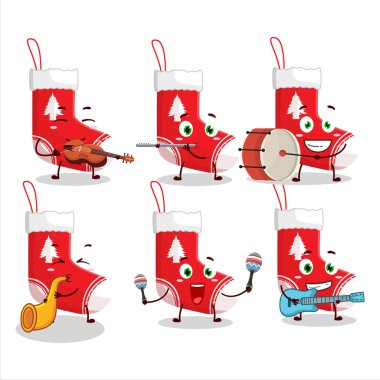 Çizgi film karakteri, müzik enstrümanları çalan Noel çorapları. Vektör illüstrasyonu