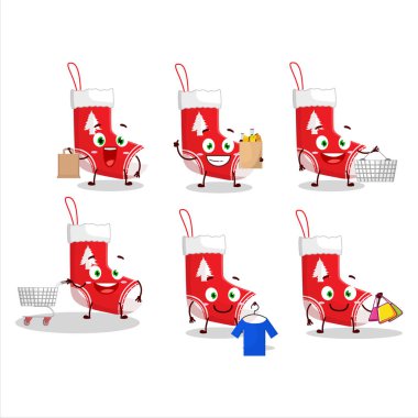 Zengin bir Noel çorabı maskotu tasarımı alışverişe gidiyor. Vektör illüstrasyonu