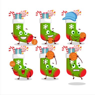 Şekerli Noel çorapları ve basketbol atleti olarak çizgi film karakteri. Vektör illüstrasyonu