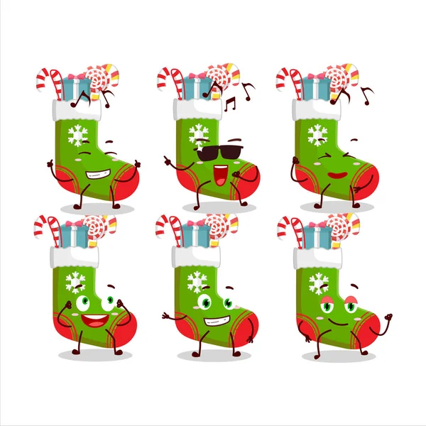 Зображення Різдвяних Шкарпеток Цукерками Мультиплікаційним Персонажем Насолоджуючись Музикою Векторні Ілюстрації — стоковий вектор