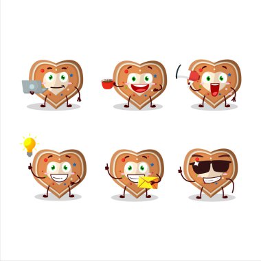 Zencefilli kek kalp çizgi film karakteri ve çeşitli iş simgeleri. Vektör illüstrasyonu