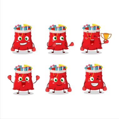 Sportif bir Noel çantası boks sporcusu maskot tasarımı. Vektör illüstrasyonu