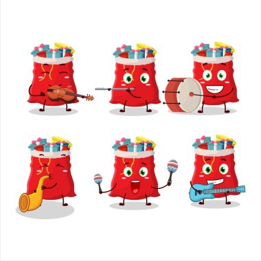 Noel çantasının çizgi film karakteri müzik enstrümanları çalıyor. Vektör illüstrasyonu