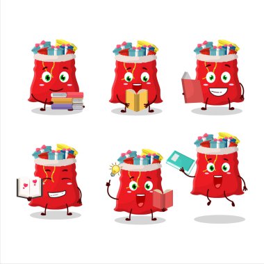 Komik bir kitap okurken noel çantası çizgi film karakteri konsepti. Vektör illüstrasyonu