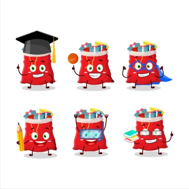 Değişik ifadeleri olan noel çantası çizgi film karakteri öğrencisi. Vektör illüstrasyonu