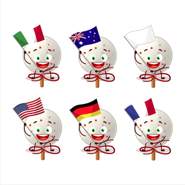 Candy Noel Baba Çizgi Film Karakteri Çeşitli Ülkelerin Bayraklarını Getiriyor — Stok Vektör