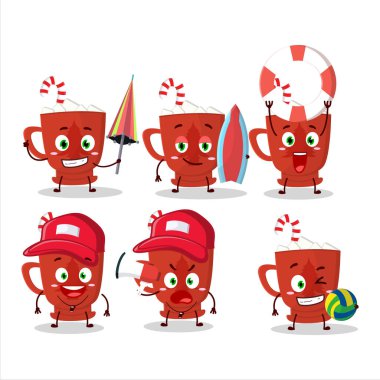 Plajda oynayan cam ağaçlı mutlu yüz sütü çizgi film karakteri. Vektör illüstrasyonu