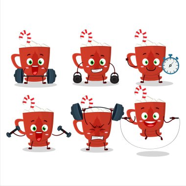 Sağlıklı bir süt ve cam ağacı çizgi film stili Fitness merkezinde bazı aletler deniyor. Vektör illüstrasyonu