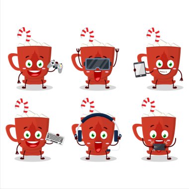 Cam ağacı olan süt, çizgi film karakteri, çeşitli şirin duygu simgeleriyle oyunlar oynuyor. Vektör illüstrasyonu