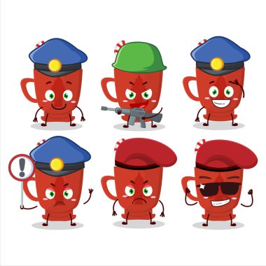 Kendini işine adamış bir polis memuru cam ağaç maskotu tasarım tarzında süt içiyor. Vektör illüstrasyonu