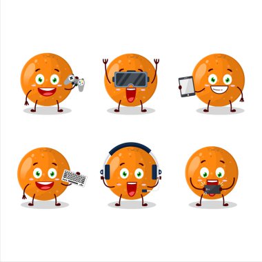 Mandalina çizgi film karakteri çeşitli şirin ifadelerle oyunlar oynuyor. Vektör illüstrasyonu