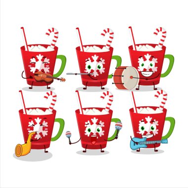 Bazı müzik enstrümanları çalan çizgi film karakteri sıcak çikolata. Vektör illüstrasyonu