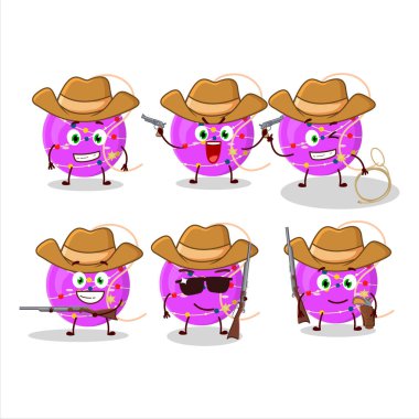 Havalı kovboy noeli, şirin şapkalı mor çizgi film karakterini aydınlatır. Vektör illüstrasyonu