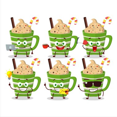 Çeşitli iş simgeleriyle süslü çikolata çizgi film karakteri. Vektör illüstrasyonu