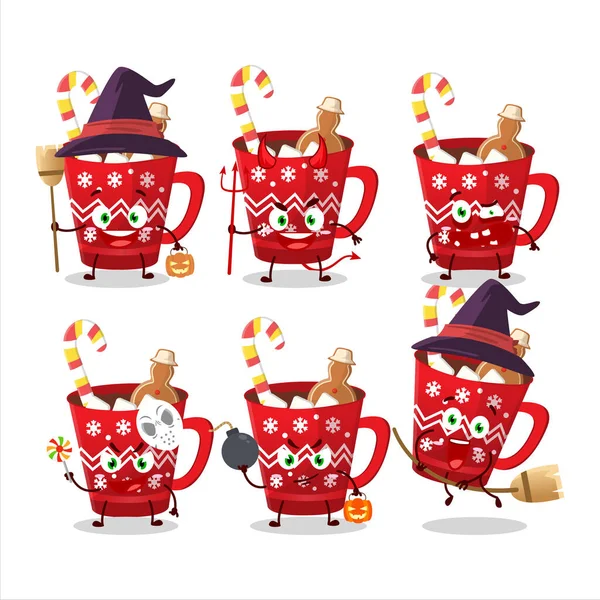 Halloween Výraz Emotikony Kresleným Charakterem Horké Čokolády Perníčkem Vektorová Ilustrace — Stockový vektor
