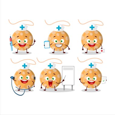 Doktor meslek simgesi ve noel turuncu çizgi film karakterini aydınlatıyor. Vektör illüstrasyonu