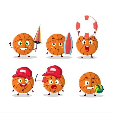 Happy Face karikatür karakteri plajda oynuyor. Vektör illüstrasyonu