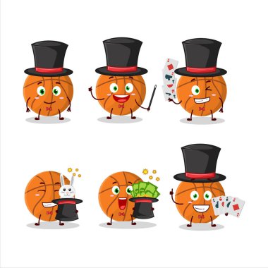 Bir basketbol sihirbazı çizgi film karakteri sahnede performans sergiliyor. Vektör illüstrasyonu