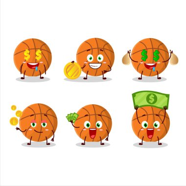 Sevimli simgesi olan basketbol çizgi film karakteri para getiriyor. Vektör illüstrasyonu