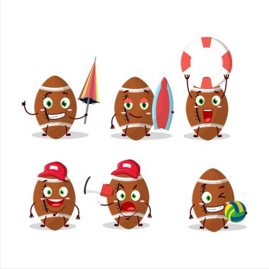 Happy Face yeni rugby topu çizgi film karakteri sahilde oynuyor. Vektör illüstrasyonu