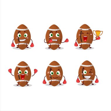 Sportif yeni bir rugby topu boks sporu çizgi film maskotu tasarımı. Vektör illüstrasyonu