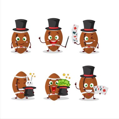 Yeni bir rugby topu sihirbaz çizgi film karakteri sahnede performans sergiliyor. Vektör illüstrasyonu