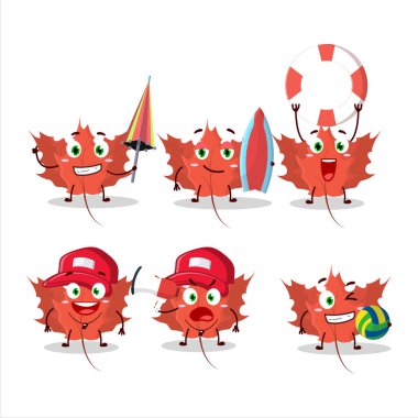 Happy Face sonbahar alev akçaağaç çizgi film karakteri sahilde oynuyor. Vektör illüstrasyonu