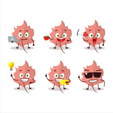 Pembe akçaağaç çizgi film karakteri ve çeşitli iş simgeleri. Vektör illüstrasyonu