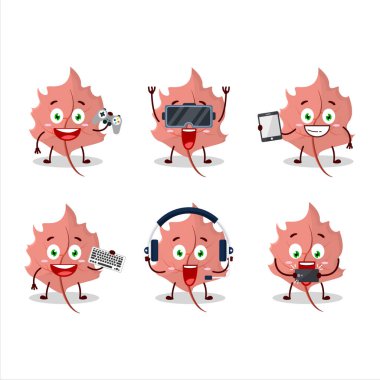 Pembe akçaağaç çizgi film karakteri çeşitli şirin duygu simgeleriyle oyunlar oynuyor. Vektör illüstrasyonu