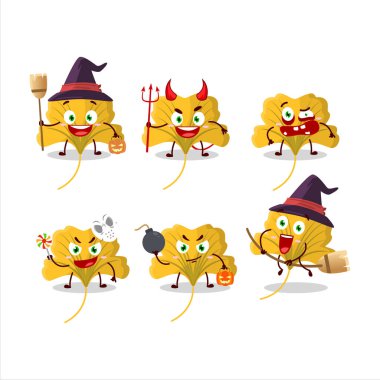 Karikatür karakteri sarı yapraklı Cadılar Bayramı yüz ifadeleri. Vektör illüstrasyonu